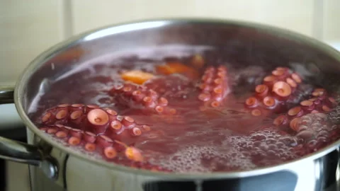Red octopus boiling in the pot. Close up Stock Footage 241264556