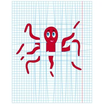 Red octopus on the lines of checkered sheet Illustrazione stock