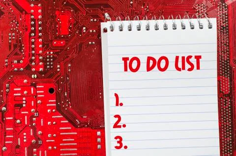 Red old dirty computer circuit board and to do list text concept Stock Photos