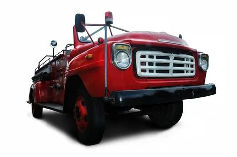 Red old firetruck in white solid background Foto stock