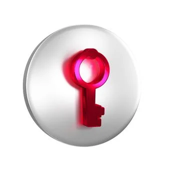 Red Old key icon isolated on transparent background. Silver circle button. Illustrazione stock