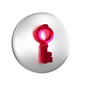 Red Old key icon isolated on transparent background. Silver circle button. Illustrazione stock