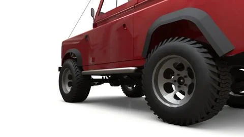 Red old small SUV tuned for difficult routes and expeditions. 3d rendering. Illustrazione stock