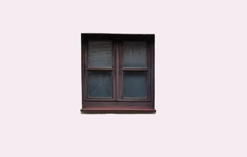 Red old window with dark windows on a white wall, old world architecture char Stock Photos