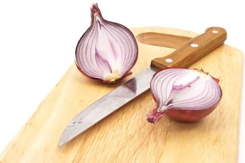 Red onion with knife Stock Photos