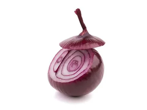Red onion with sliced cross section and stem on white background Stock Photos