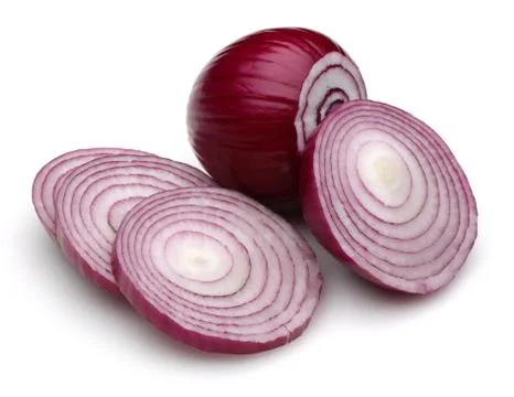 Red onion with slices isolated on white Stock Photos