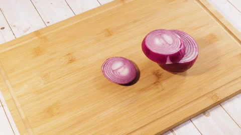 Red Onion Slicing Itself on Cutting Board Stop Motion Animation Vídeos de archivo 344588970