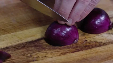 Red Onion Slow Motion Cutting Slicing Stock Footage 166863504