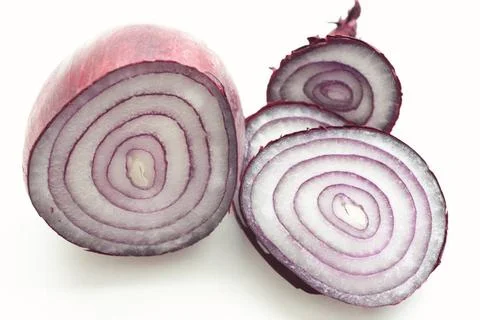 Red onion stack, fresh, cut, red, onion, slice, isolated, white, ring, cir... 스톡 사진