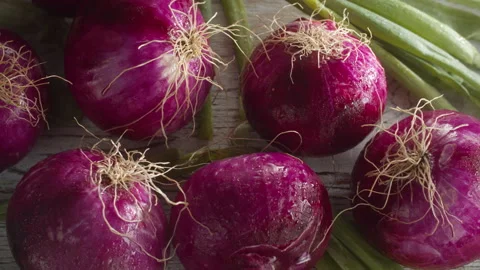 RED ONION water drops Stock Footage 132490221