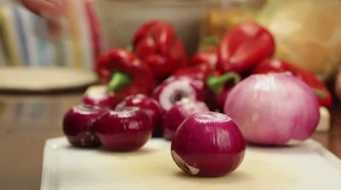 Red onions chopping; close up Stock Footage 35923869