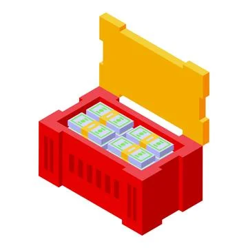 Red open chest holding stacks of money isometric illustration Illustrazione stock