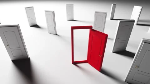 Red open door standing out in a group of closed white doors on a white Stock Footage 306064699