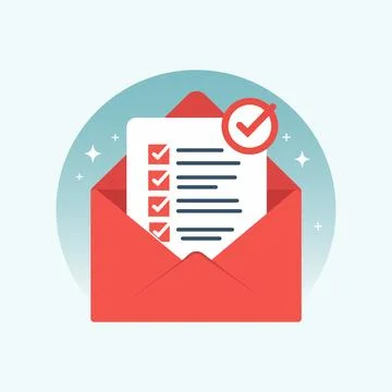 Red open envelope with checklist and checkmark. Stock Illustration