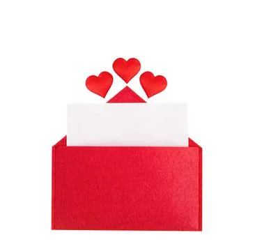Red open envelope with a sheet of paper with a hearts on a isolated backgroun Stock Photos