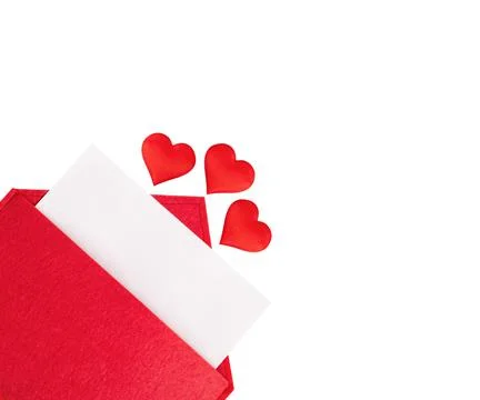 Red open envelope with a sheet of paper with a hearts on a isolated backgroun Stock Photos