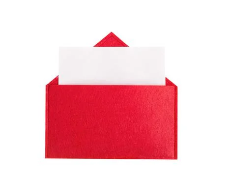 Red open envelope with a sheet of paper with mock-up on a isolated background Stock-Fotos