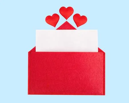 Red open envelope with a sheet of paper with a hearts on a blue background wi Stock Photos