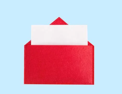 Red open envelope with a sheet of paper with mock-up on a blue background wit Stock Photos