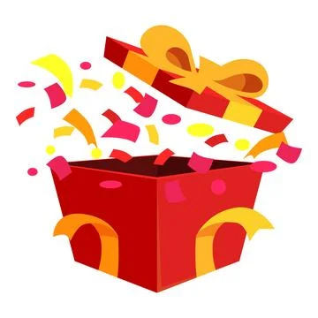 Red open gift box exploding with colorful confetti Illustrazione stock
