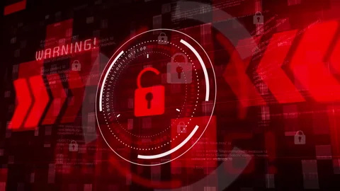 Red open padlock icon. Flashing warning message background with binary code Stock Footage 240989516