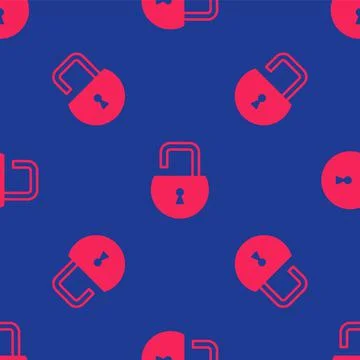 Red Open padlock icon isolated seamless pattern on blue background. Opened lock Stock Illustration