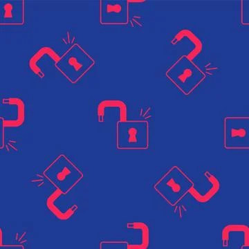 Red Open padlock icon isolated seamless pattern on blue background. Opened .. Stock Illustration