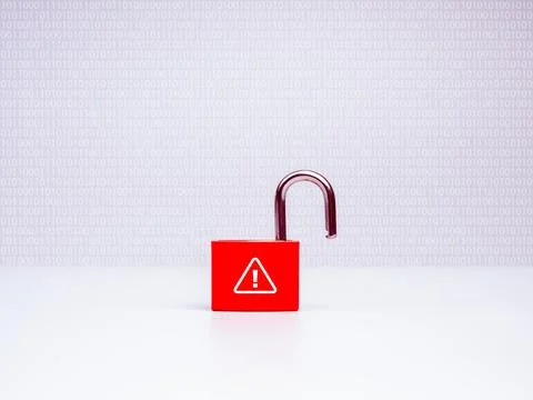 Red open padlock with warning symbol on white background with binary code. .. 写真素材