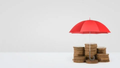 A red open umbrella vertically placed over several stacks of golden coins on Stock Illustration
