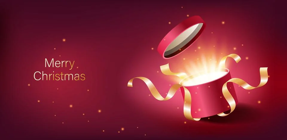 Red opened 3d realistic gift box with magical shining glow and golden ribbons Stock Illustration