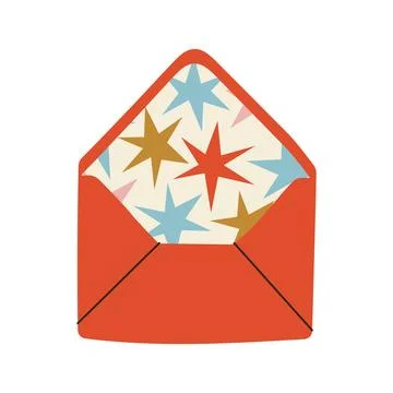 Red opened christmas envelope with star pattern paper inside Stock Illustration