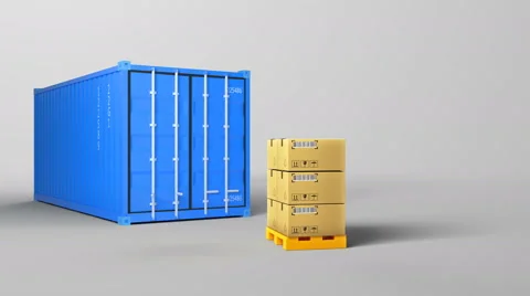 Red opened container and many of carton boxes on a pallet Stock Footage 67667846