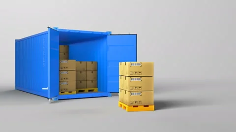 Red opened container and many of carton boxes on a pallet Stock Footage 67667944