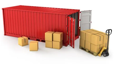Red opened container and many of carton boxes on a pallet Stock Illustration