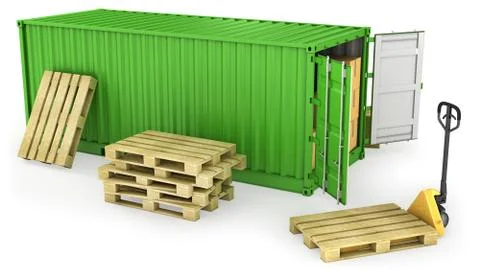 Red opened container and many of carton boxes on a pallet Stock Illustration