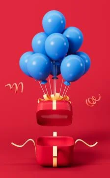 Red opening gift and blue balloons on the red background, 3d rendering. Stock Illustration