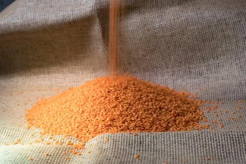 Red or orange lentils stack on brown burlap background. 스톡 사진