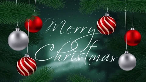 Red Oraments Swinging Pine Braches Merry Christmas 4K Loop Stock Footage 222730445