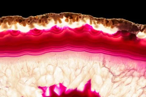 Red orange agate slice striped mineral isolated on black, abstract background Stock Photos