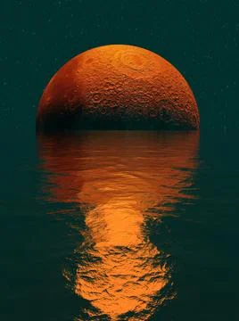Red orange moon realistic reflection in water sea ocean fantastic landscape イラスト素材