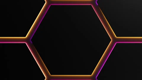 Red orange neon light is moving around black hexagon frames on dark background Stock Footage 329560936