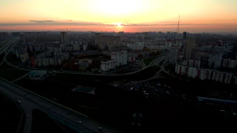 Red-orange sunset. City view and traffic intersections. Stock Footage 131768758