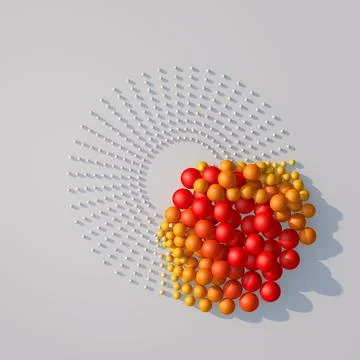 Red, orange. yellow balls and white particles. 3d render. Stock Illustration