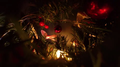 Red Ornament Surrounded by Flickering String Lights on Dense Christmas Tree Stock Footage 316783879
