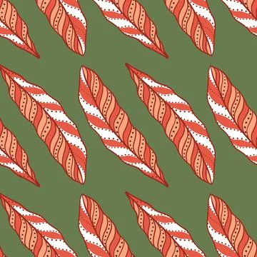 Red ornamental feather elements seamless pattern in ethnic style. Green backg Stockillustratie
