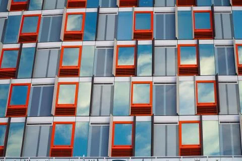 Red outline window pattern building facade Stock Photos