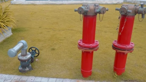Red overground fire hydrants are standing on the yellow grass Stock Footage 308880332