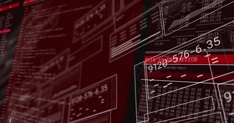 Red overlay sliding in, wireframe HUD panels revealing, scrolling code showing Stock Footage 328485966