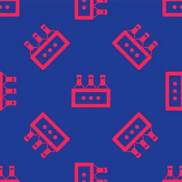 Red Pack of beer bottles icon isolated seamless pattern on blue background Illustrazione stock